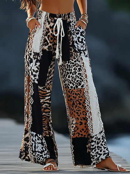 Cardydony Women's Leopard And Animal Patchwork Art Print Flowy Linen Blend Casual Pants