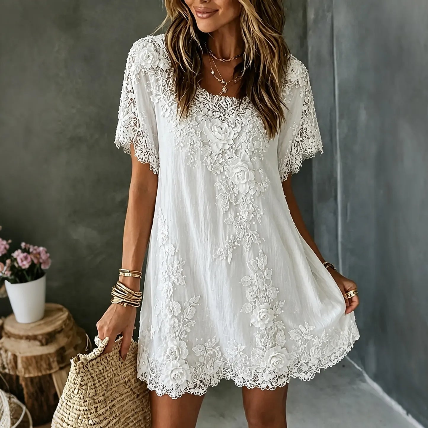Cardydony Women's Vintage White Rose Floral Art Flowy Short Sleeve Midi Dress