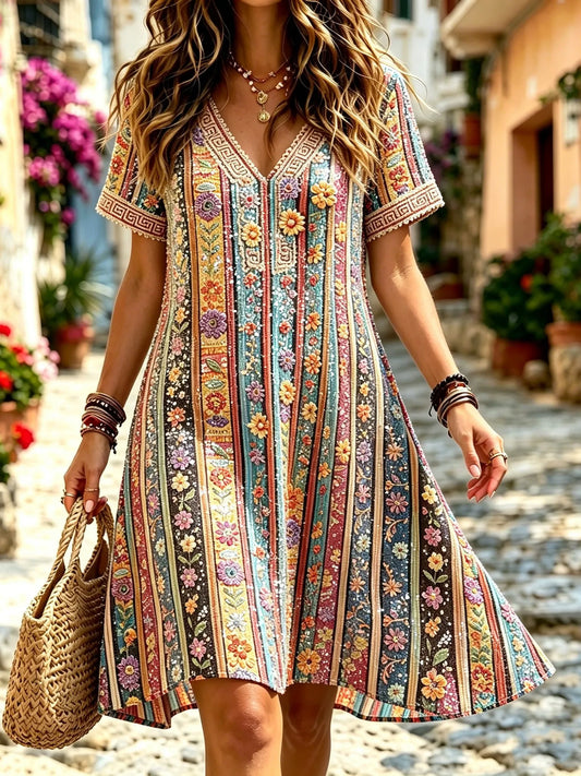 Cardydony Women's Retro Bohemian Hippie Style Floral Embroidery Sequin Print V-neck Dress