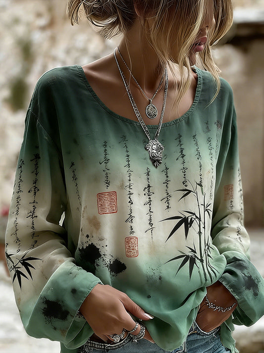 Cardydony Japanese Art Bamboo Printing Tie-dye Art Long Sleeves