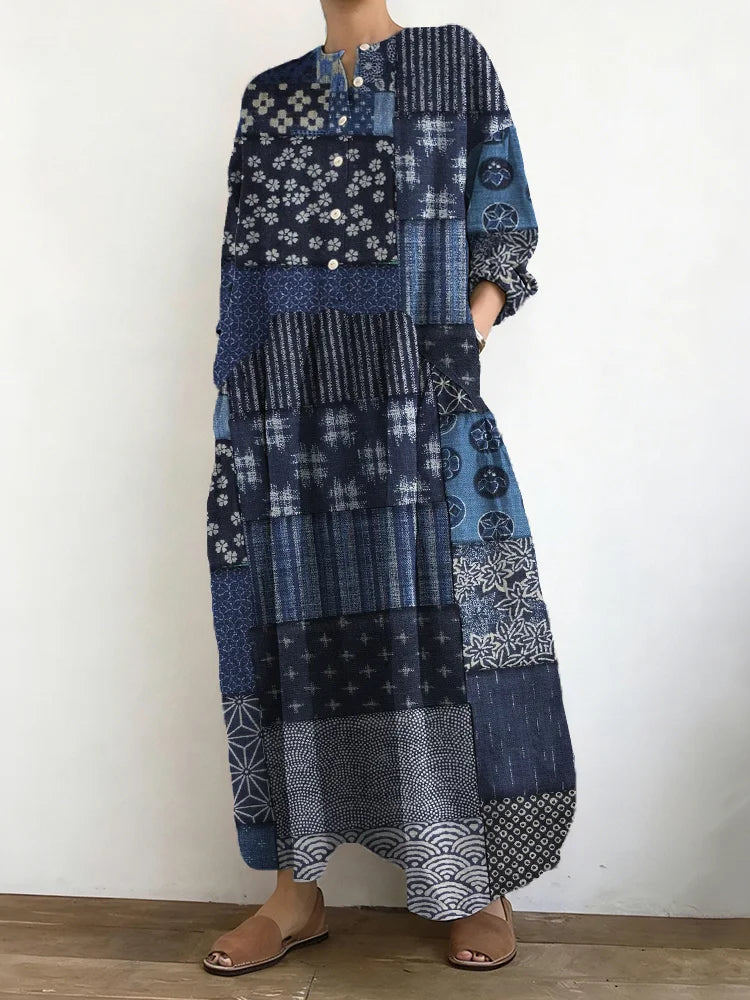 Cardydony Vintage Japanese Traditional Patchwork Art Linen Maxi Dress