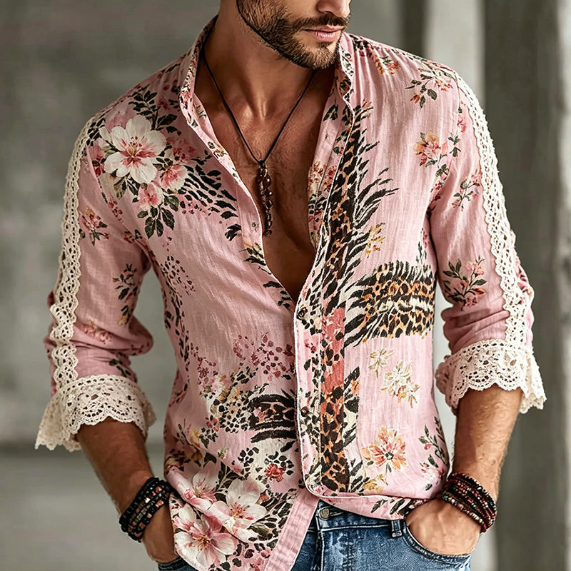 Cardydony Men's Retro Bohemian Floral Lace Vacation Shirt