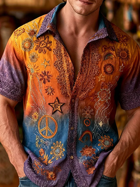Cardydony Men's Hippie Peace Symbol And Floral Embroidery Tie-dye Casual Short Sleeve Shirt