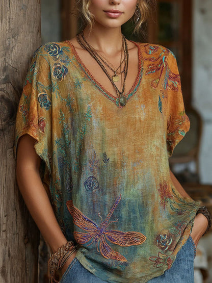 Cardydony Women's Retro Floral Dragonfly Pattern Linen Blend Casual V-neck Top