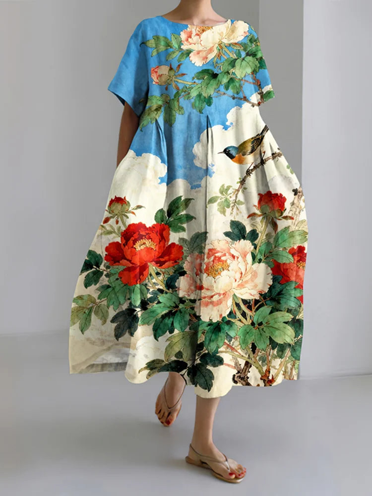 Cardydony Women's Japanese Floral And Bird Gradient Art Print Dress