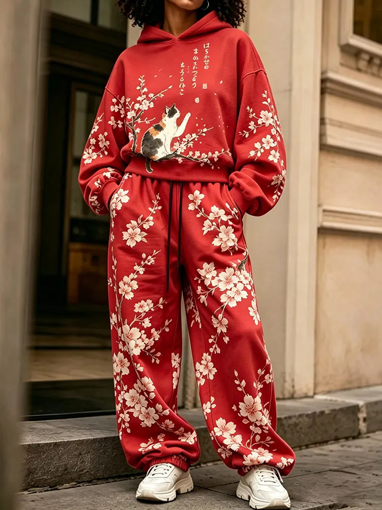 Cardydony Women's Vintage Japanese Cherry Blossom And Cat Art Print Hoodie Two Piece Set