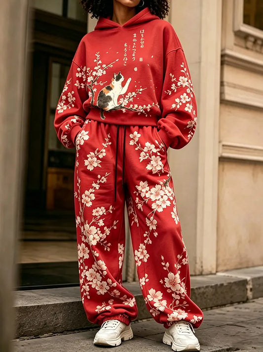Cardydony Women's Vintage Japanese Cherry Blossom And Cat Art Print Hoodie Two Piece Set