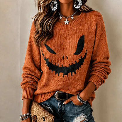 Cardydony Women's Halloween Pumpkin Ghost Face Art Casual Crewneck Sweater