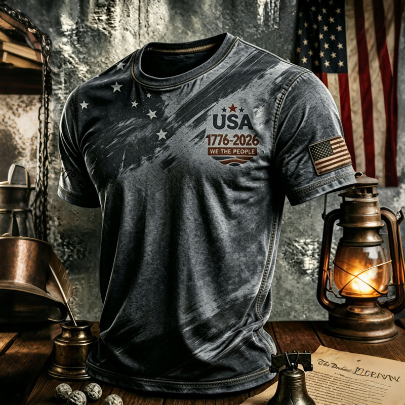 Cardydony Men's Retro Independence Day Art Print Crew Neck Short Sleeve T-shirt