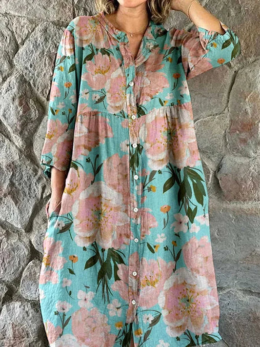 Cardydony Women's Elegant Vintage Floral Print Shirt Style Cotton And Linen Dress