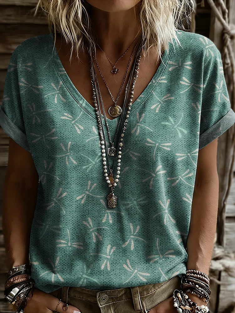 Cardydony Women's Vintage Dragonfly Art Print Casual Short-sleeve V-neck T-shirt
