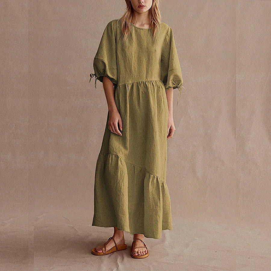 Cardydony Round Collar Pleated Design Casual Linen Dress
