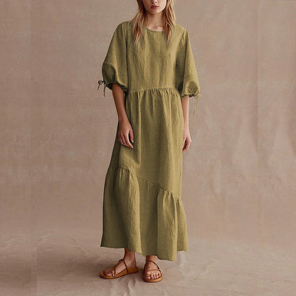 Cardydony Round Collar Pleated Design Casual Linen Dress