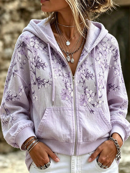 Cardydony Women's Retro Floral Design Zip-up Hoodie