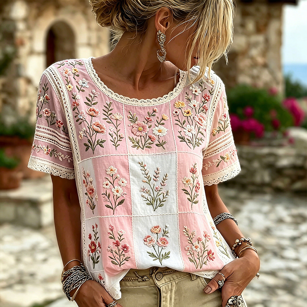 Cardydony Women's Floral And Lace Art Embroidery Spliced Vintage Casual Short Sleeve Top