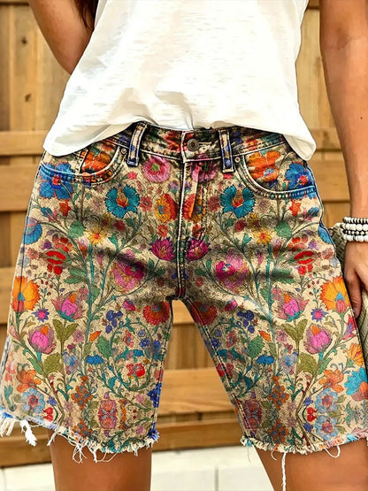 Cardydony Women's Printed Casual Retro Denim Shorts