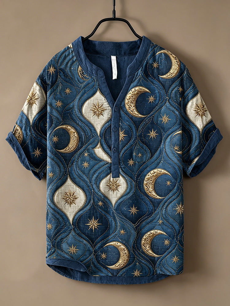 Cardydony Men's Japanese Art Sun, Moon And Star Print Cotton Linen Top