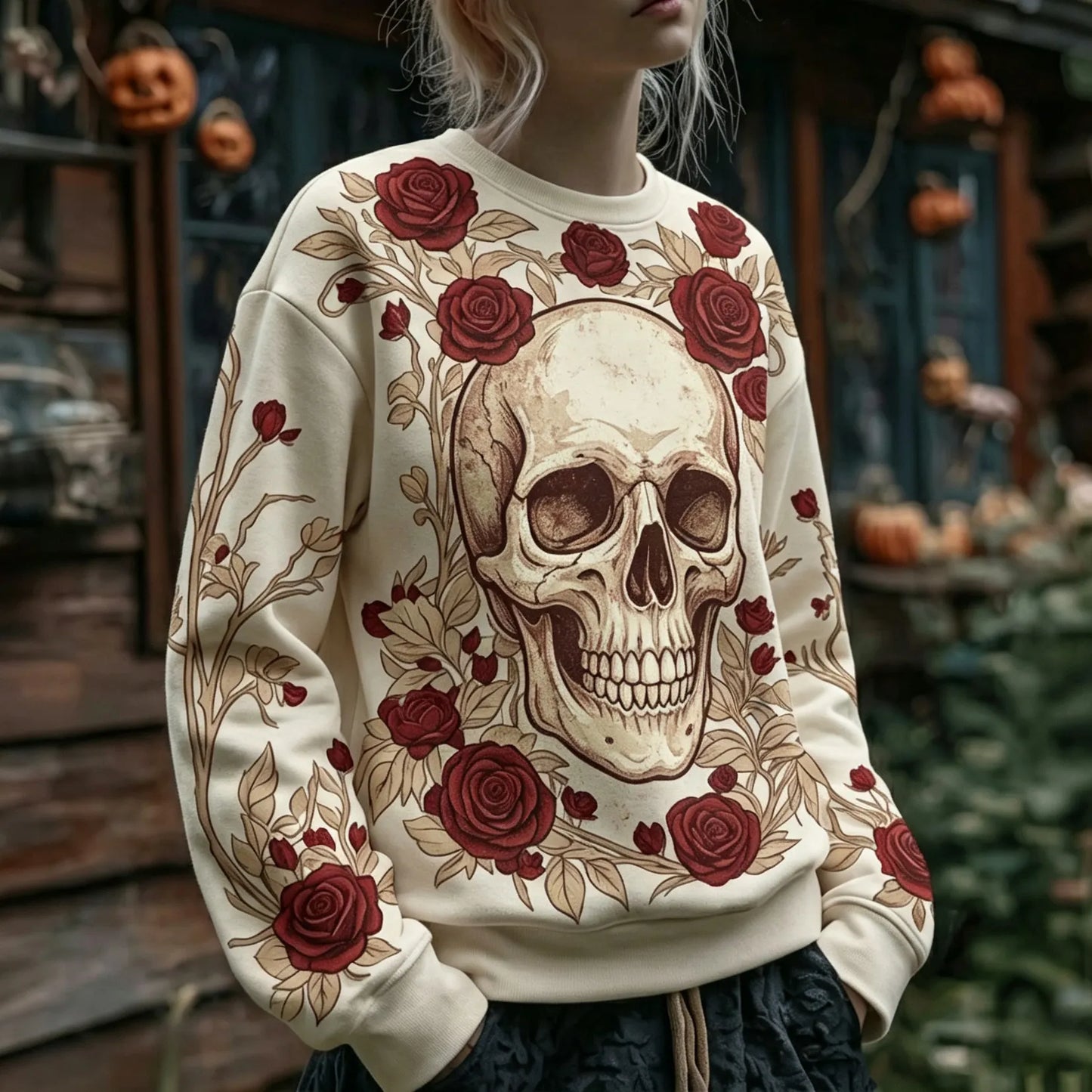 Cardydony Women's Retro Halloween Skull And Floral Print Crew Neck Sweatshirt