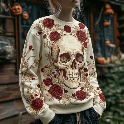 Cardydony Women's Retro Halloween Skull And Floral Print Crew Neck Sweatshirt