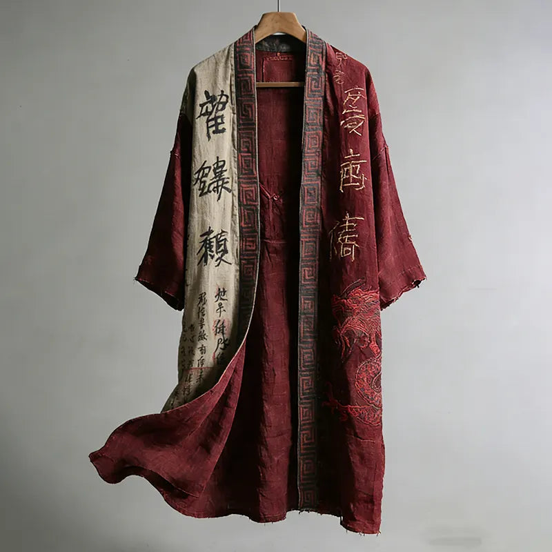 Cardydony Men's Japanese Dragon Pattern Calligraphy And Painting Art Linen Long Kimono