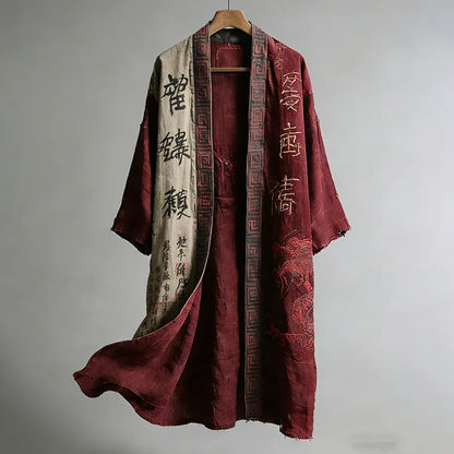 Cardydony Men's Japanese Dragon Pattern Calligraphy And Painting Art Linen Long Kimono