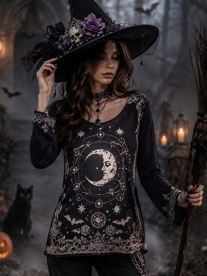 Cardydony Women's Halloween Moon Bat Casual T-shirt