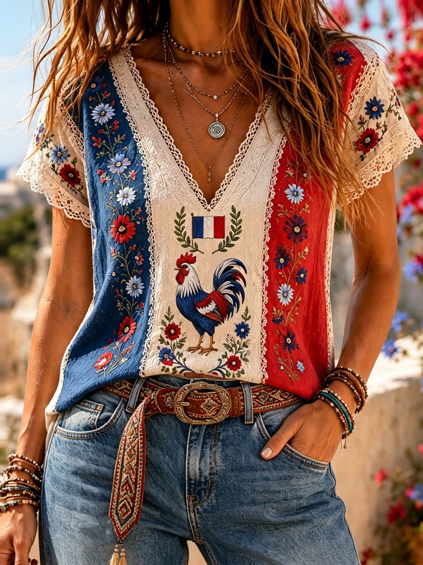 Cardydony Women's Retro Floral With Cock Embroidered Patchwork Art V Neck Linen Blend T-shirt