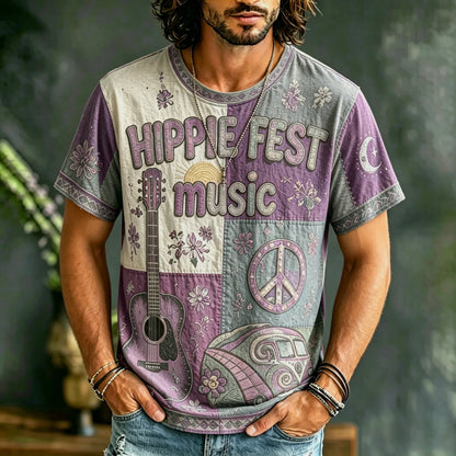Cardydony Men's Casual Color Block Music Letter Retro Hippie Crew Neck T-shirt