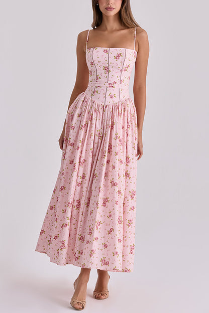 Cardydony Women's Romantic Countryside Stretch Cotton Blend Floral Print Cutout Trim Slip Midi Dress