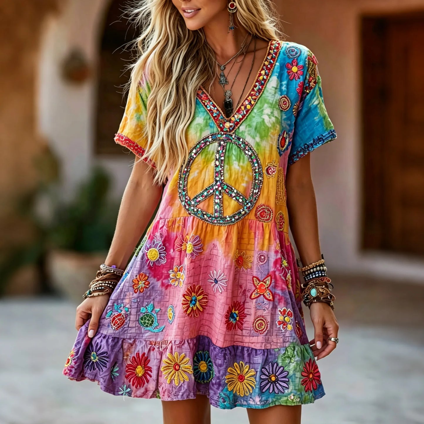 Cardydony Women's Retro Hippie Floral Art V Neck Short Sleeve Linen Blend Midi Dress