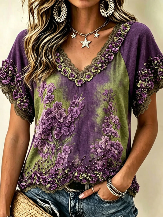 Cardydony Women's Retro Bohemian Floral Embroidery Print Short-sleeve V-neck Top