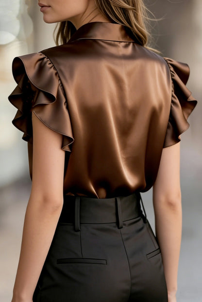 Cardydony Women's  Solid Color Satin Collar Ruffle Short-sleeved Casual Shirt