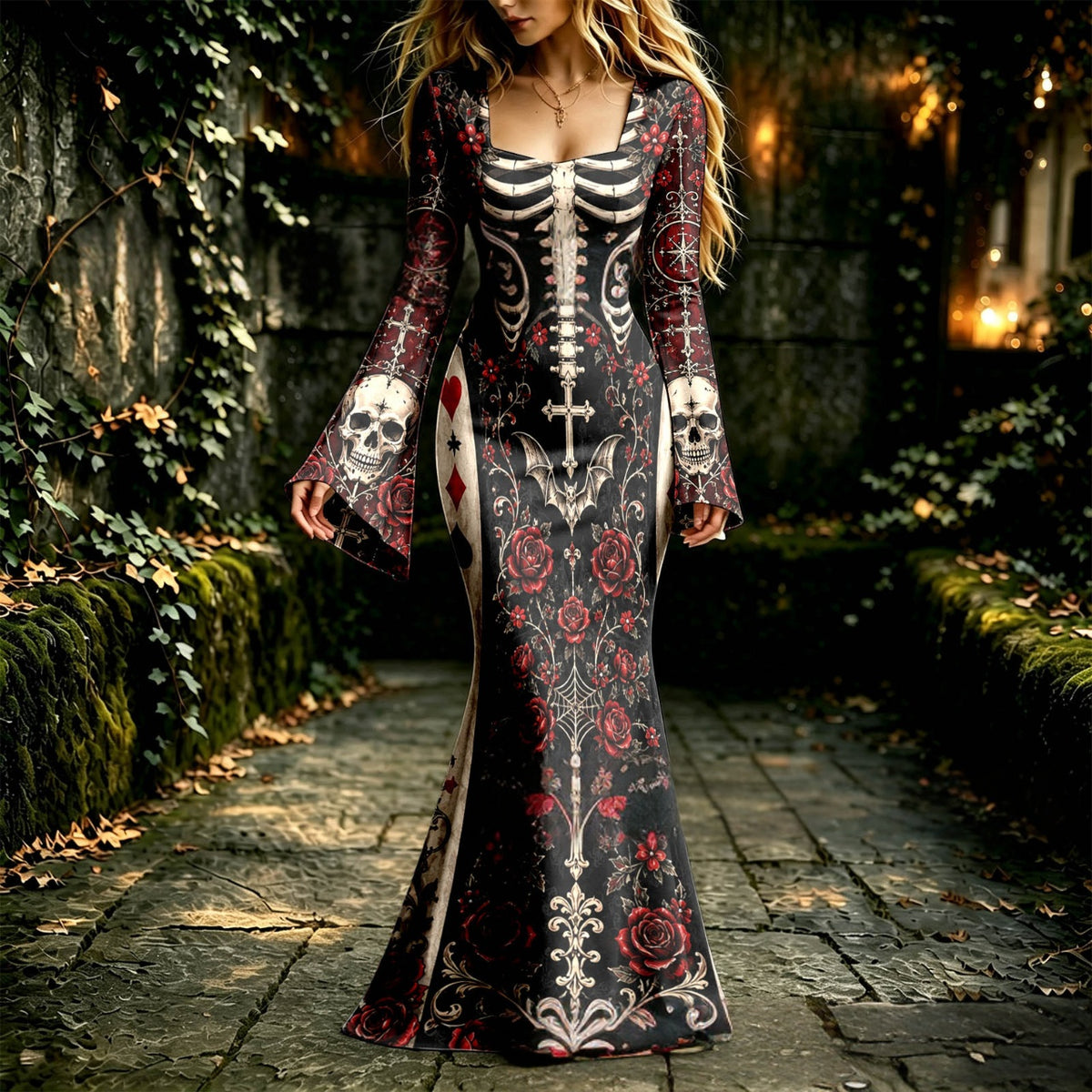 Cardydony Women's Retro Halloween Gothic With Floral Pattern Print Round-neck Maxi Dress