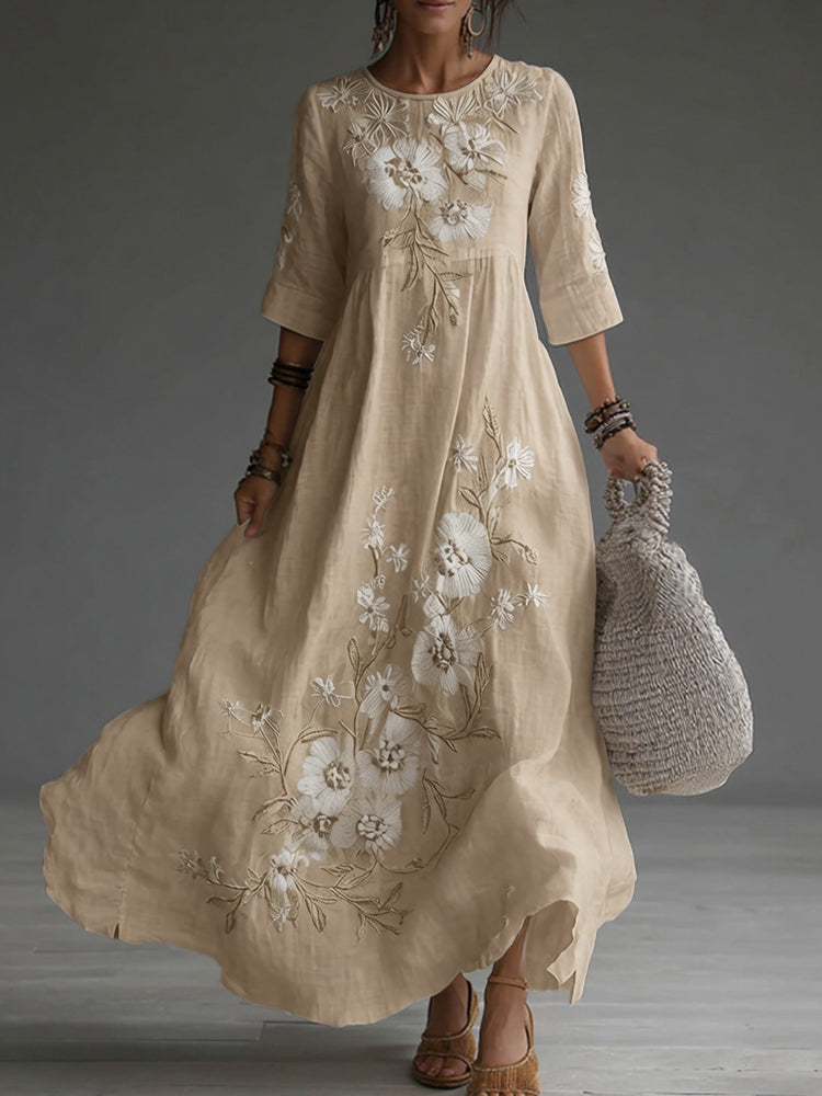 Cardydony Japanese Floral Art Embroidered Casual Linen Maxi Dress