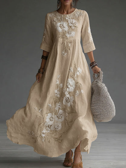 Cardydony Japanese Floral Art Embroidered Casual Linen Maxi Dress