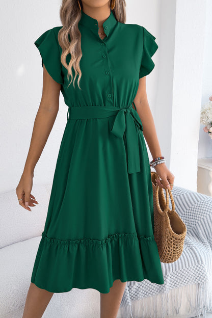 Cardydony Women's Solid Color Stand Collar Button Waist Tie Casual Midi Dress