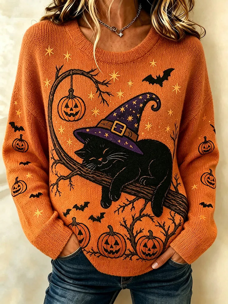 Cardydony Women's Retro Halloween Lazy Black Cat Print Cozy Knit Crew Neck Sweater