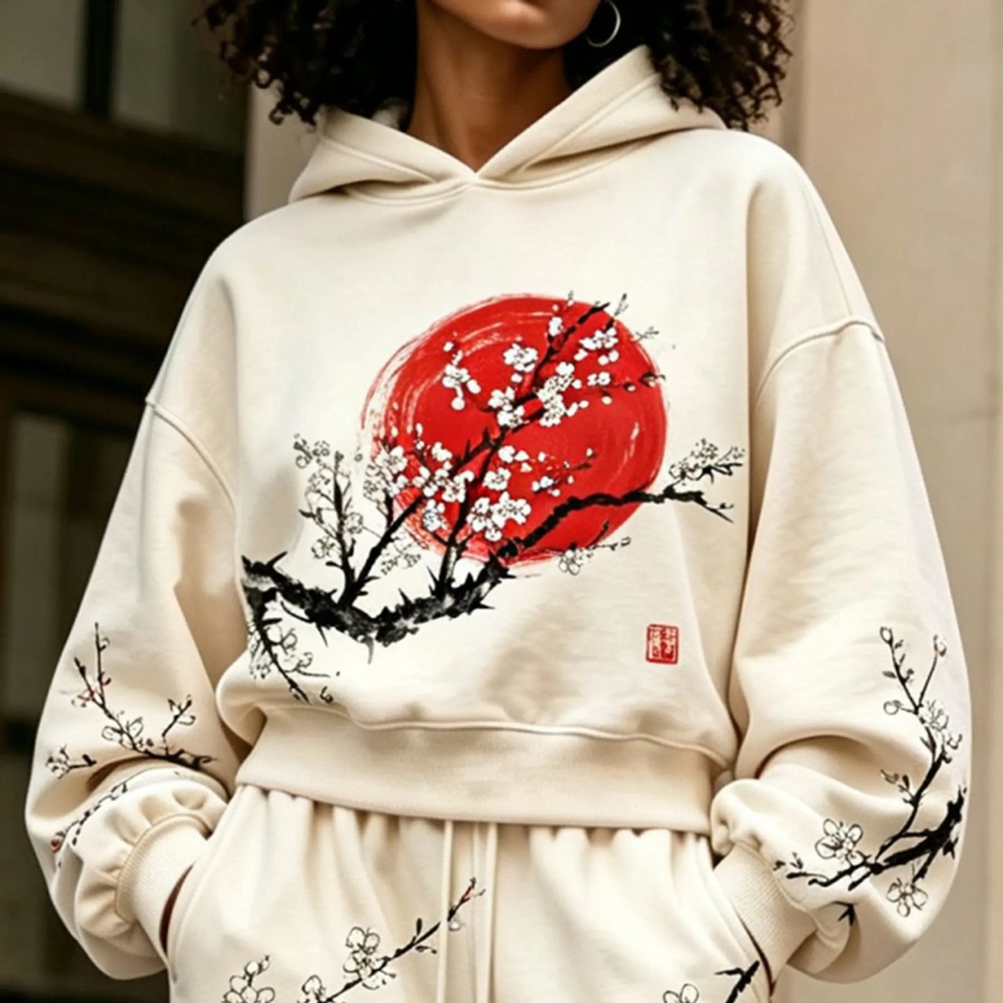Cardydony Women's Japanese Cherry Blossom Art Print Hoodie Two Piece Set