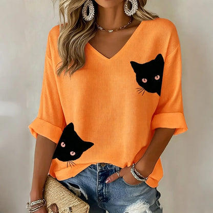 Cardydony Women's Black Cat Print Three-quarter Sleeve T-shirt