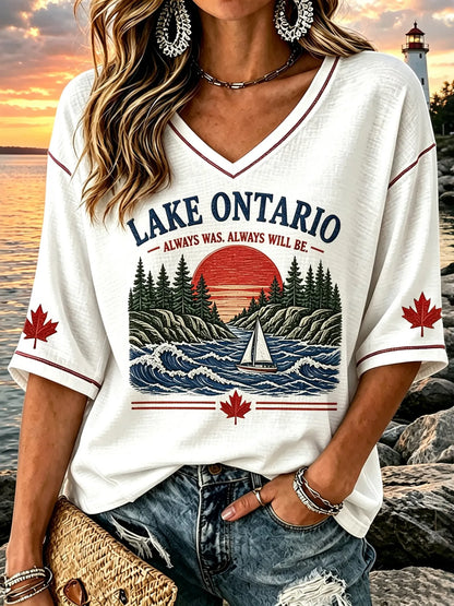 Cardydony Vintage Sailboat Ontario Sunset Print V-neck Short-sleeved T-shirt