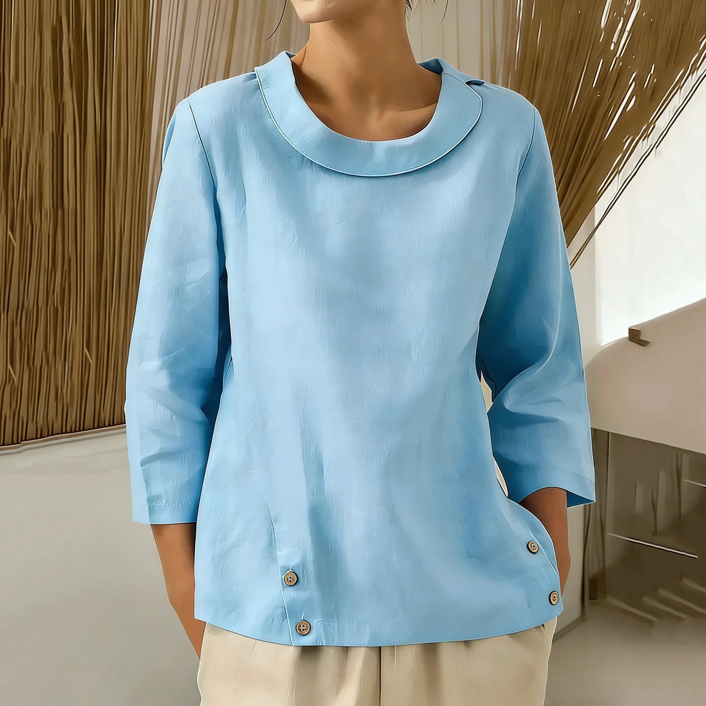 Cardydony Loose Cotton And Linen Solid Color Casual Navy Collar Shirt