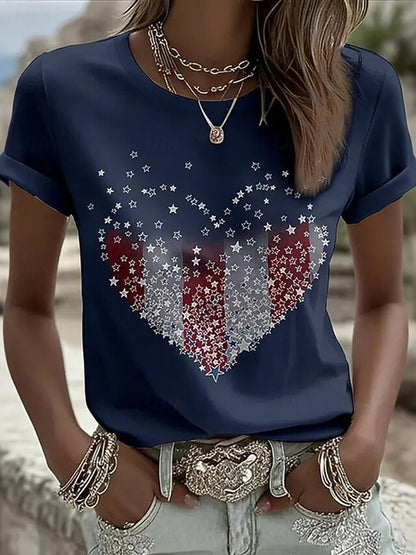 Cardydony Women's Retro Patriotic Print Round Neck T Shirt