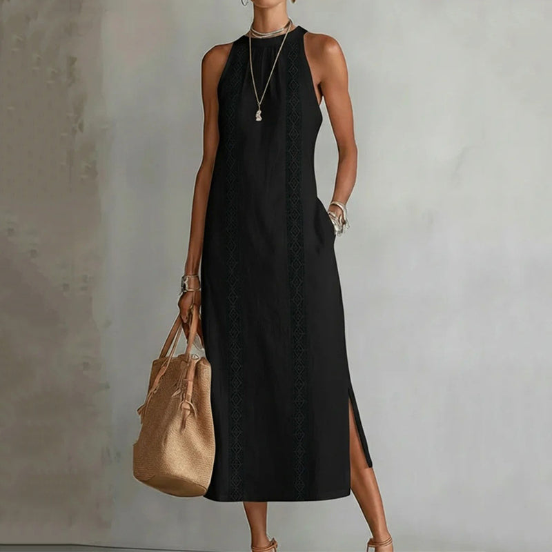 Cardydony Women's Solid Color Lace Patchwork Sleeveless Midi Dress
