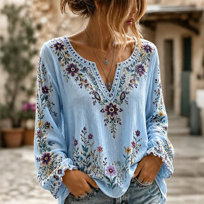 Cardydony Women's Retro Boho Floral Art Cotton Linen V Neck T-shirt