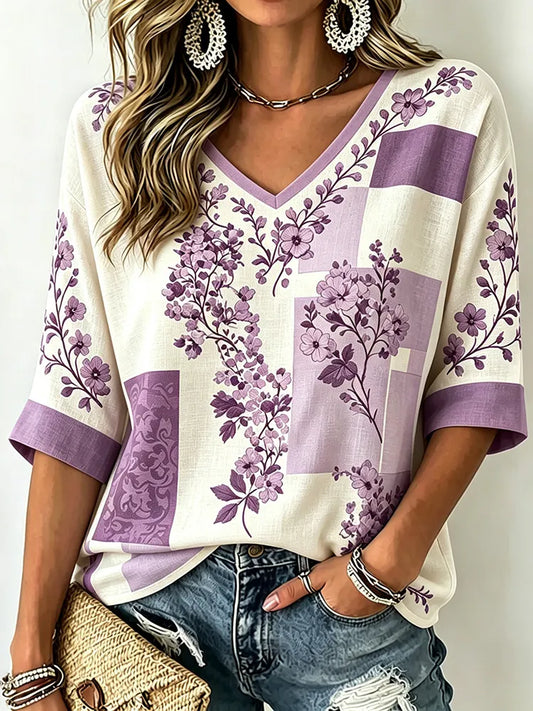 Cardydony Women's Retro Floral Color Block Print Linen Blend Casual V-neck Three-quarter Sleeve T-shirt