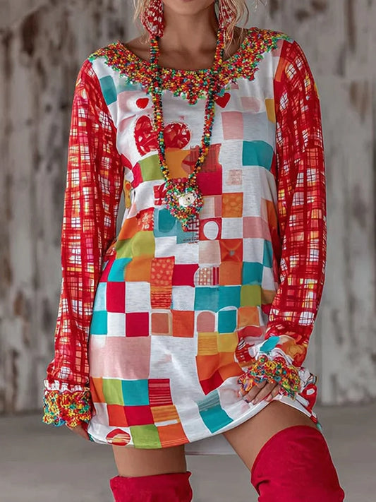 Cardydony Women's Abstract Plaid Contrast Print Mini Dress