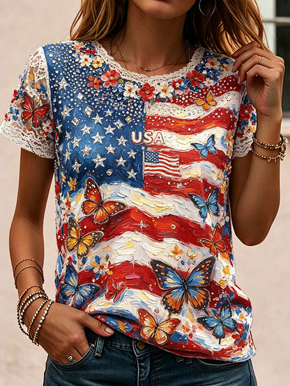Cardydony Women's Vintage Independence Day Anniversary Flag Casual Short Sleeve T-shirt