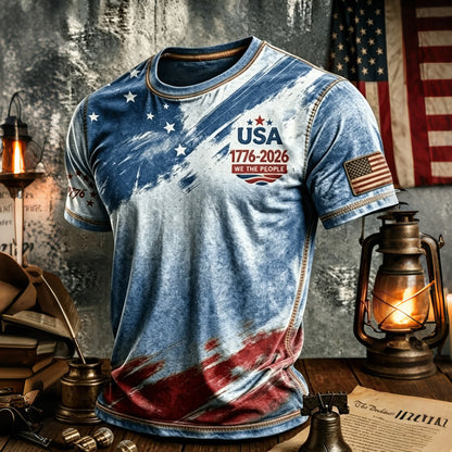 Cardydony Men's Retro Independence Day Art Print Crew Neck Short Sleeve T-shirt