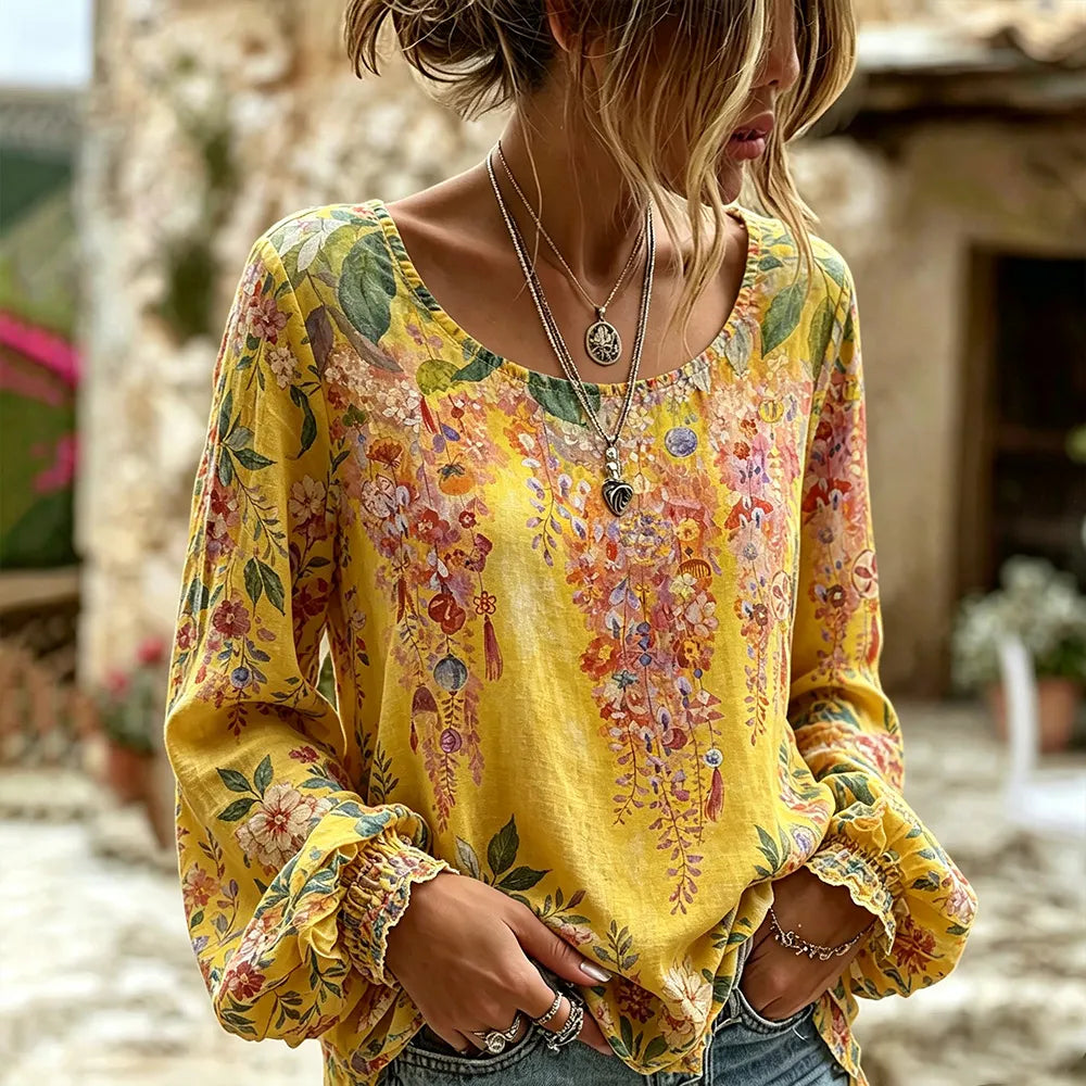 Cardydony Women's Vintage Spring And Summer Floral Art Print Cotton Linen Long-sleeved Top