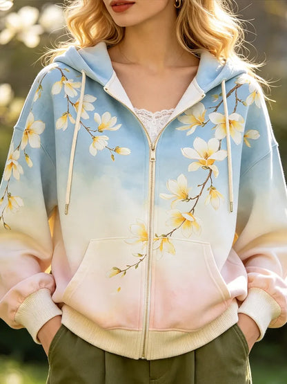 Cardydony Women's Floral & Magnolia Zip-up Hoodie - Gradient Sky Blue Drawstring Hooded Sweatshirt